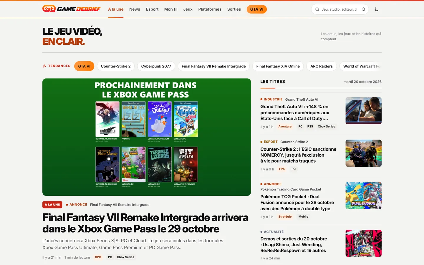 Game Debrief : À la une et derniers titres en thème clair (site en français)